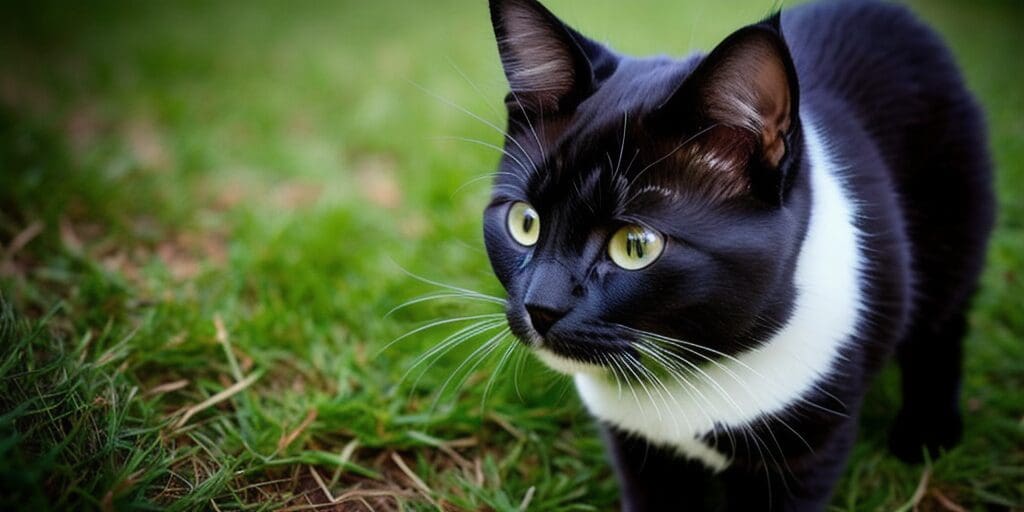 A black and white cat is walking through a grassy field. The cat is looking off to the side. The grass is green and lush.