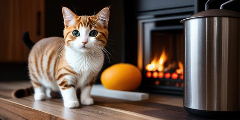 A ginger and white cat is standing on a kitchen counter. There is a lit fireplace in the background and a pumpkin and cooking pot on the counter.