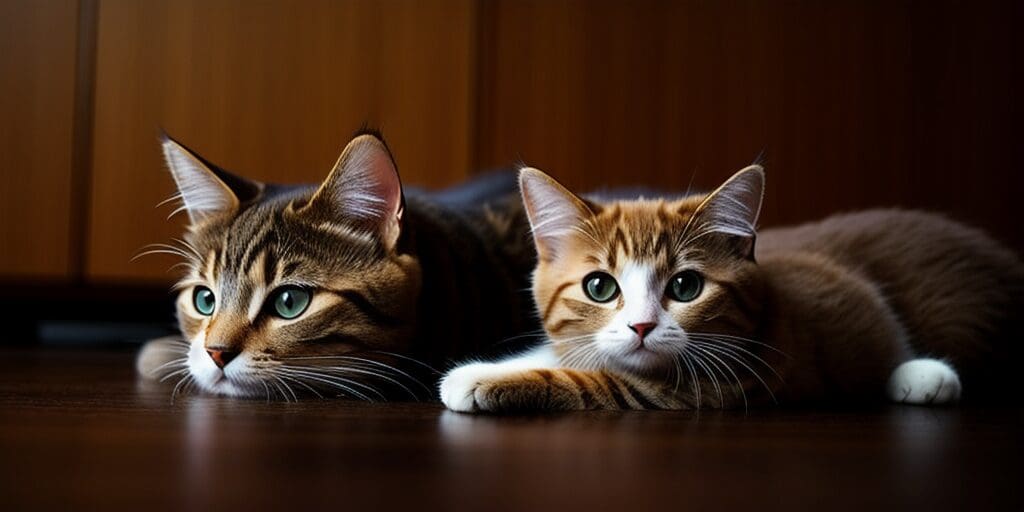 Two cats, one brown tabby and white, the other orange tabby and white, are lying on a wooden floor looking at the camera.