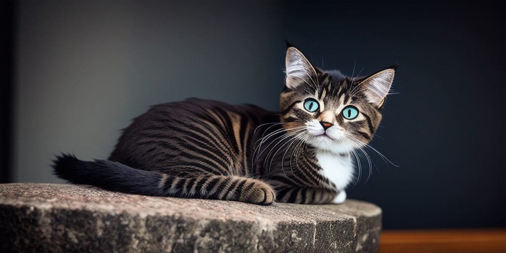 A tabby cat with blue eyes is sitting on a stone surface. The cat is looking at the camera with a curious expression.