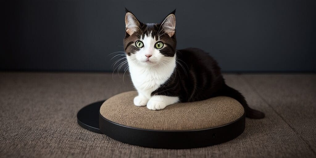 A black and white cat with green eyes is sitting on a brown and black cat bed. The cat is looking at the camera.
