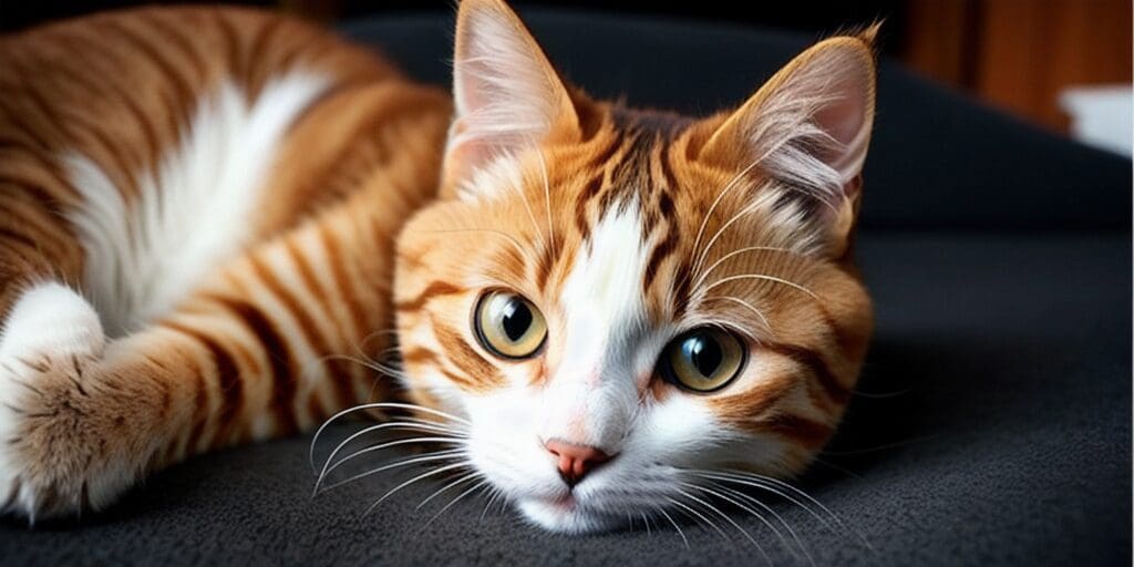 A ginger and white cat is lying on a black surface. The cat has its eyes wide open and is looking at the camera.