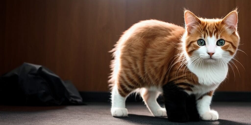 A ginger and white cat is standing on the floor in front of a brown wall. The cat has its ears perked up and is looking at the camera.