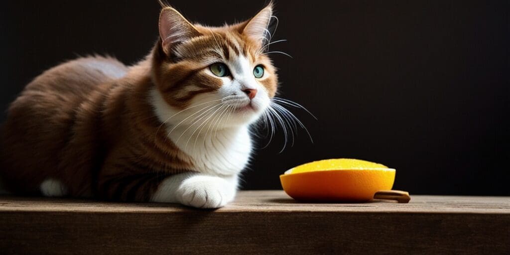 A ginger and white cat is sitting on a wooden table, looking to the right of the frame. There is a half-eaten orange on the table in front of the cat. The background is dark brown.
