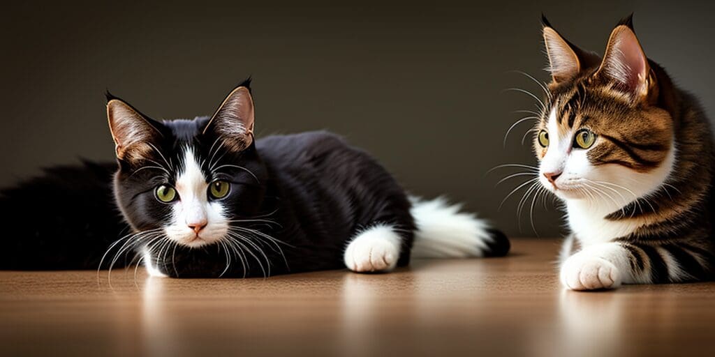 Two cats are sitting on a wooden table. The cat on the left is black and white, and the cat on the right is brown, white, and black.