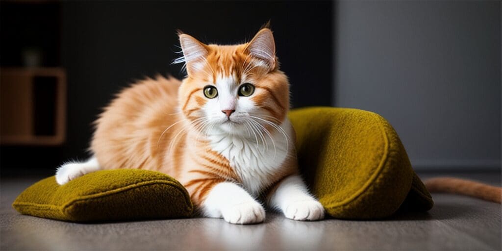 A ginger and white cat is lying on an olive green pillow. The cat is looking at the camera with its green eyes. The cat is in a dark room with a wood grain wall in the background.