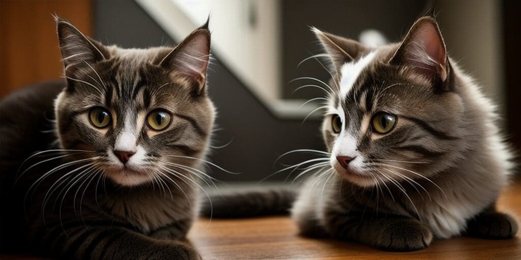 Two cats are sitting side by side on a wooden floor. The cat on the left is gray and white, staring at the camera. The cat on the right is gray and white, looking away from the camera.