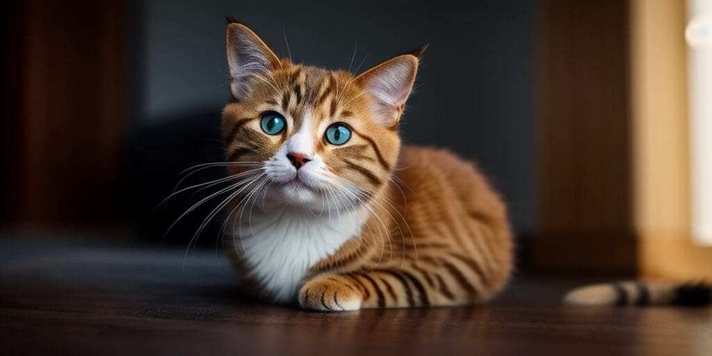 A ginger cat with white paws and blue eyes is lying on the floor looking at the camera.