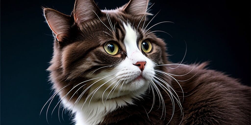 A close-up portrait of a fluffy brown and white cat with wide green eyes.