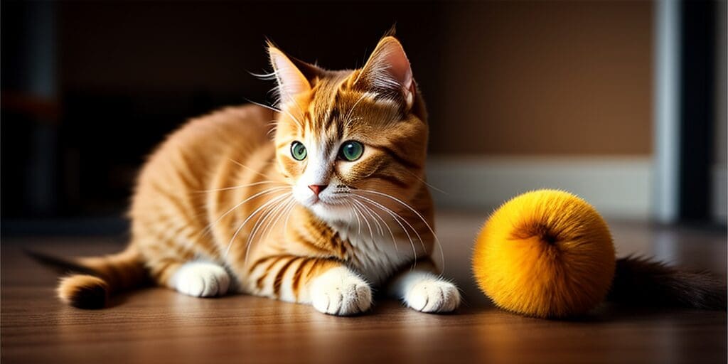 A ginger cat is lying on the floor next to a yellow toy. The cat has green eyes and white paws. The cat is looking at the toy.