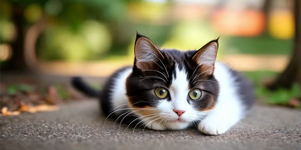 A close-up image of a cat looking at the camera with its green eyes. The cat is black and white with a pink nose and is lying on the ground outside.