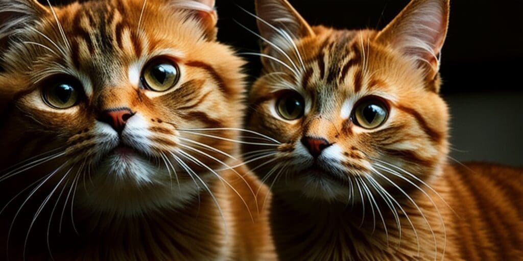 A close-up of two ginger cats looking at the camera with wide eyes.