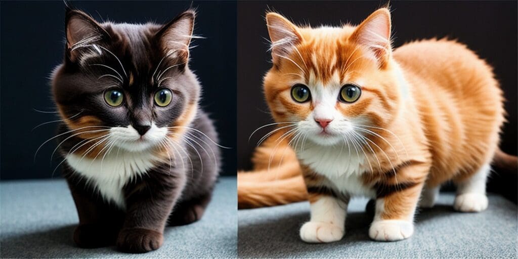 On the left, a black and white kitten is sitting with wide green eyes. On the right, an orange and white kitten is standing with wide green eyes.