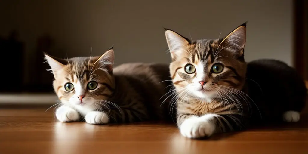 Two cute tabby kittens with big green eyes are sitting on a wooden table and looking at the camera.