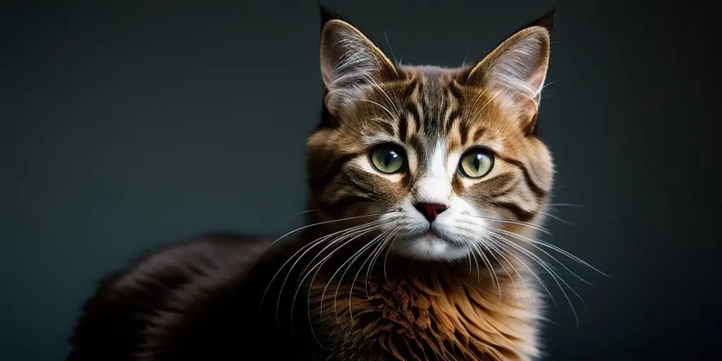 A close up of a fluffy brown tabby cat with green eyes, looking at the camera with a curious expression.