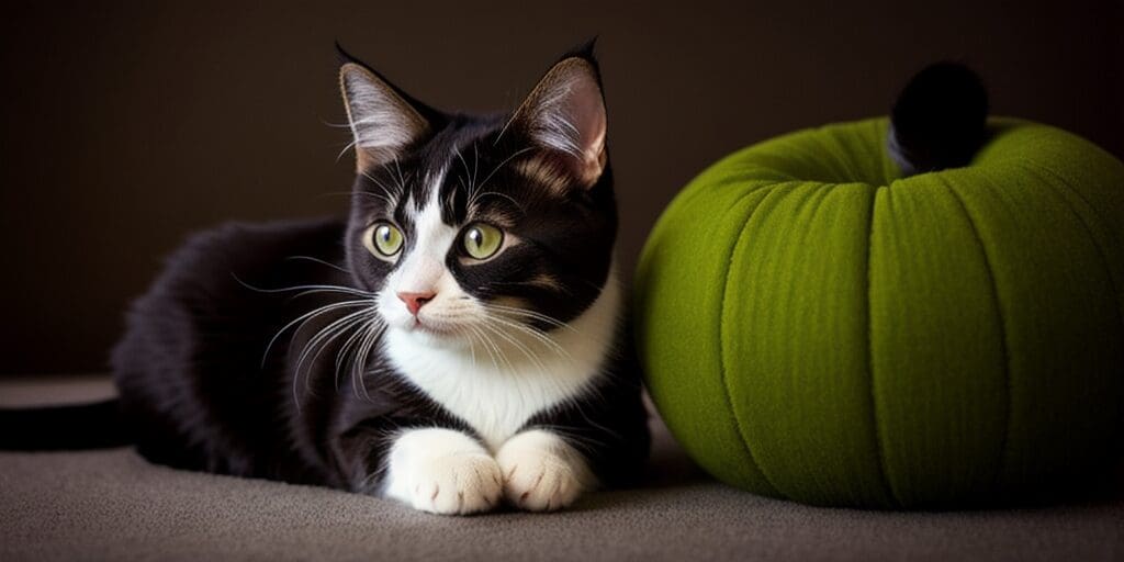 A black and white cat with green eyes is sitting next to a green pumpkin. The cat is looking off to the side.