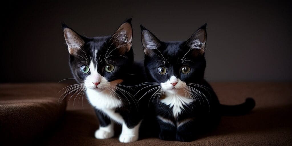 Two adorable black and white kittens with big green eyes are sitting on a brown blanket and looking at the camera.