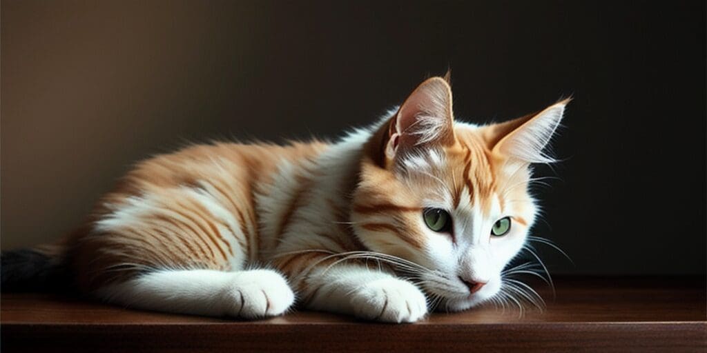 A ginger and white cat is lying on a wooden table. The cat has green eyes and is looking to the right. The background is dark brown.