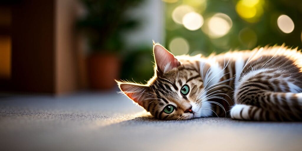 A brown tabby cat is lying on the ground in front of a blurry background of green plants. The cat has green eyes and is looking at the camera.