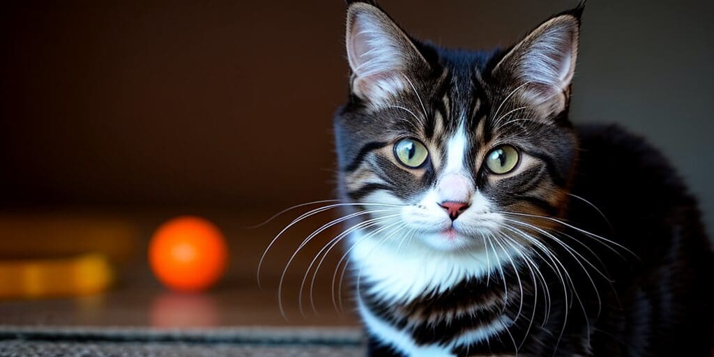 A close-up of a cat's face. The cat has green eyes, a pink nose, and long, white whiskers. Its fur is white with some tabby patches. The cat is looking at the camera. There is a blurry orange ball on the floor behind the cat.