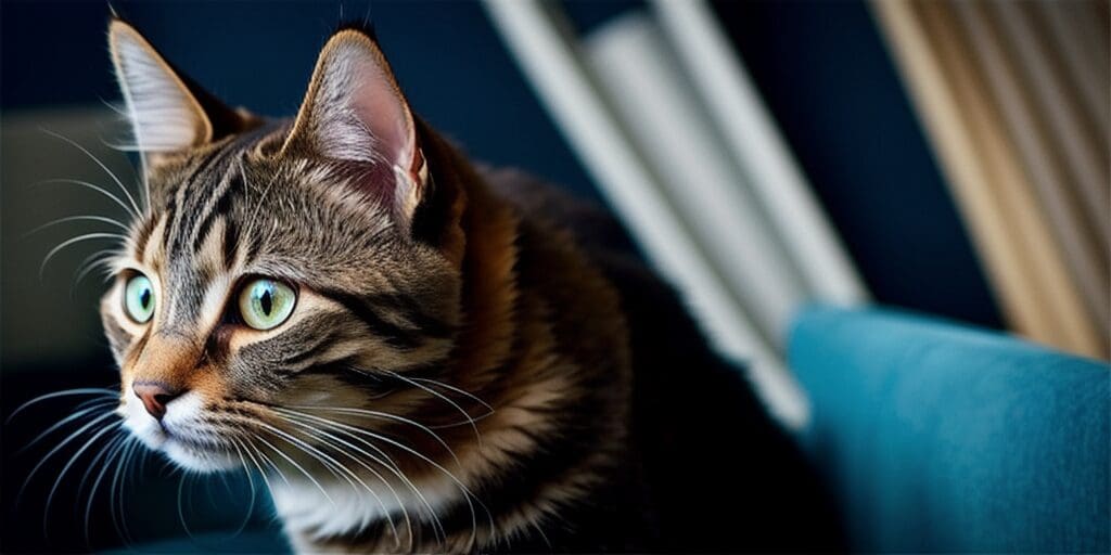 A close up of a tabby cat looking off to the side with a curious expression on its face.