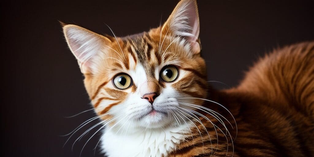 A ginger and white cat is looking at the camera with wide eyes. The cat has a curious expression on its face and is sitting in front of a dark background.