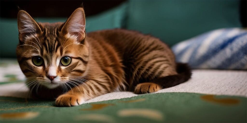 A small tabby cat is lying on a green blanket. The cat has wide green eyes and is looking at the camera.
