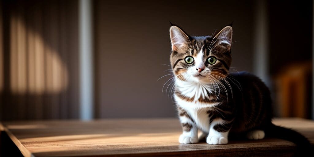 A cute tabby kitten with wide green eyes is sitting on a wooden table. The kitten has a white belly and paws, and its tail is curled up in front of it. The background is blurry and out of focus.