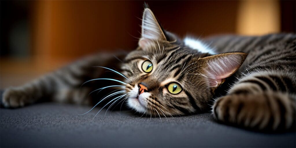 A close up of a tabby cat looking off to the side with its eyes wide open.