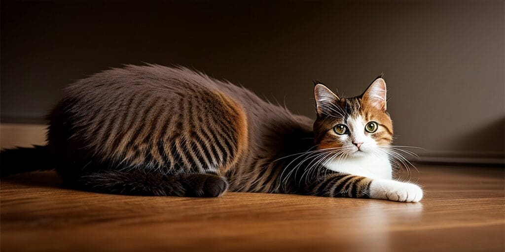 A ginger and white cat with green eyes is lying on a wooden floor. The cat is looking at the camera.