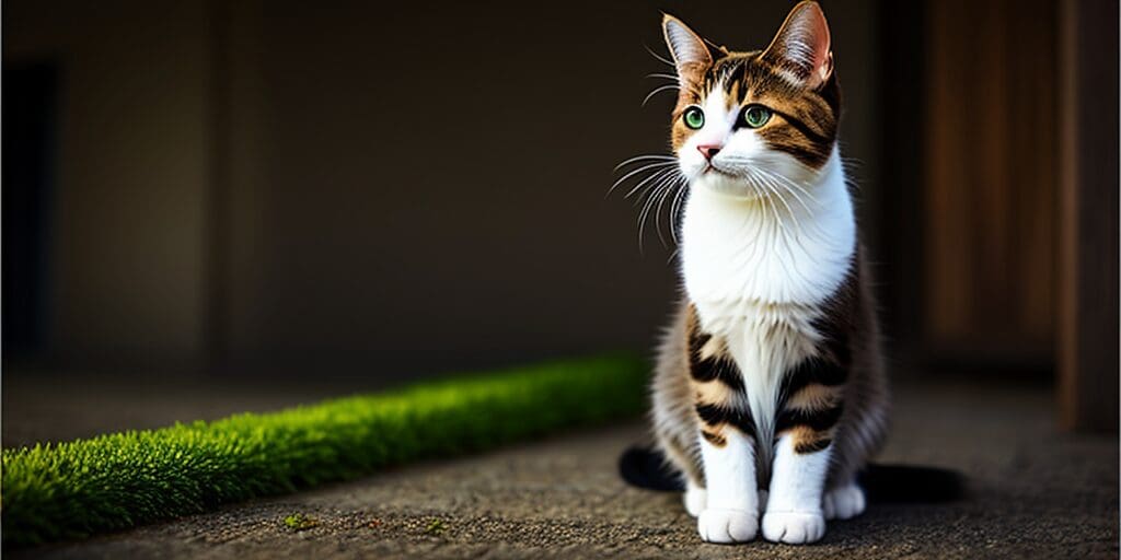 A cat with green eyes and brown and white fur is sitting on the ground in front of a brown wall. There is a green strip of grass-like material on the ground in front of the cat.