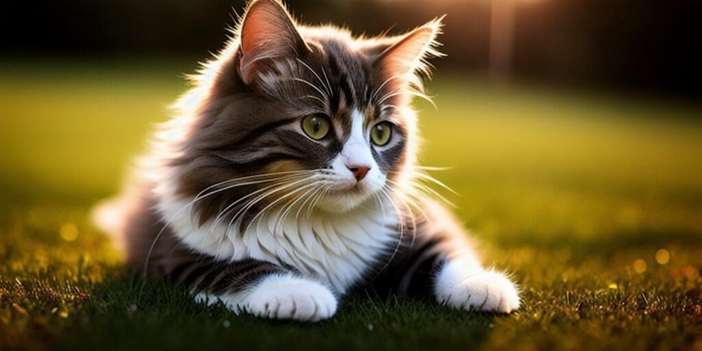 A long-haired cat with white paws and a white belly is lying in the green grass. The cat is looking to the right of the frame. The background is blurry and there is a sunset in the distance.