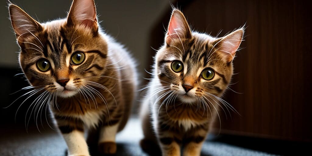 Two cute tabby cats with big green eyes are sitting on the floor and looking at the camera.