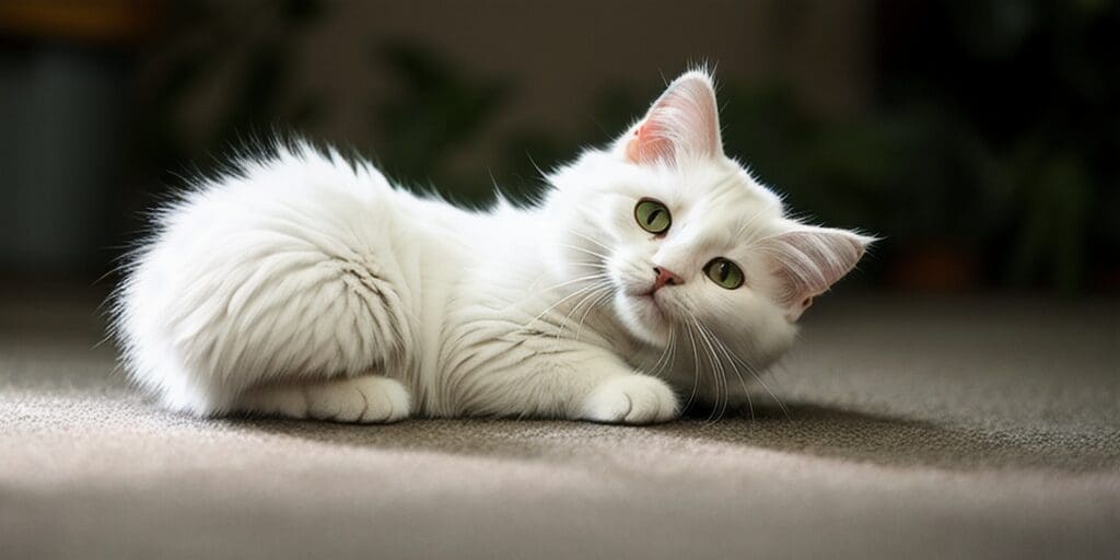 A white cat with green eyes is lying on a brown carpet. The cat is looking at the camera with a curious expression.