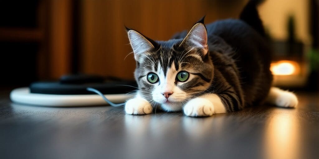 A cat is lying on the floor, looking at the camera with wide green eyes. The cat is brown, black, and white, and has a white belly. The floor is dark and the background is blurry.