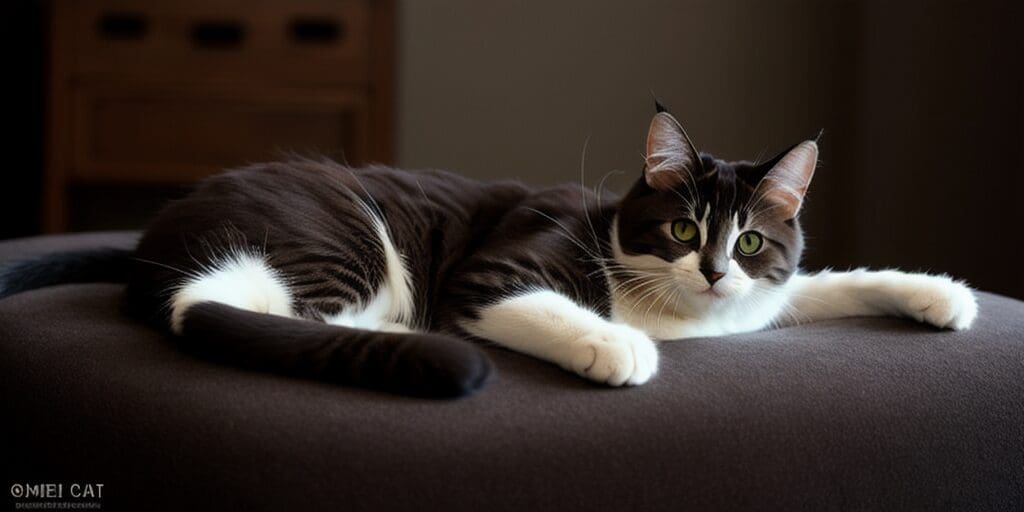 A black and white cat with green eyes is lying on a brown sofa. The cat is looking at the camera.