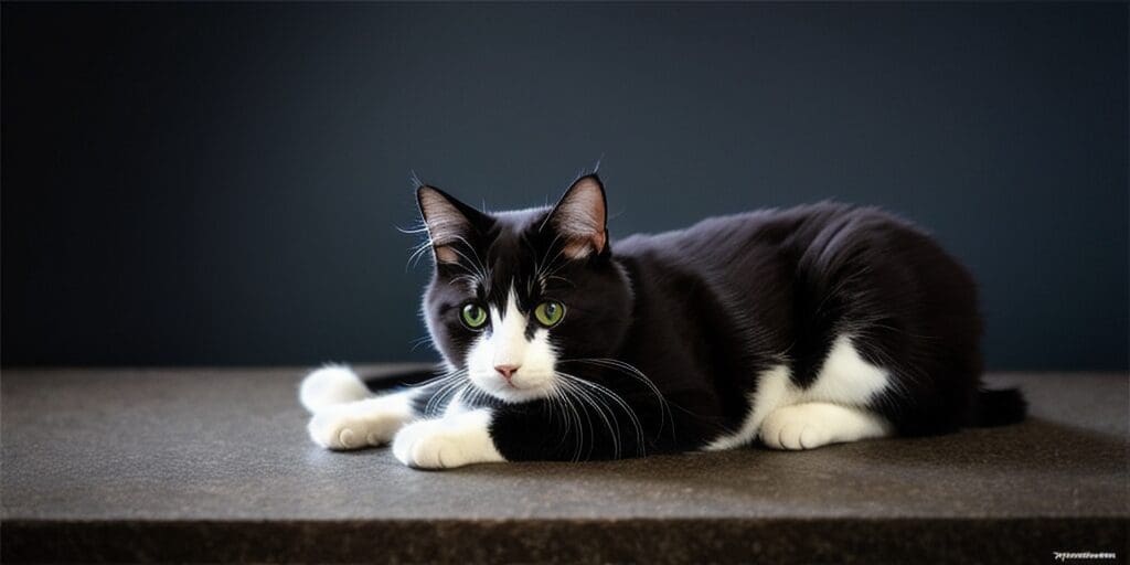 A black and white cat is lying on a brown surface. The cat has green eyes and is looking at the camera. The background is dark gray.
