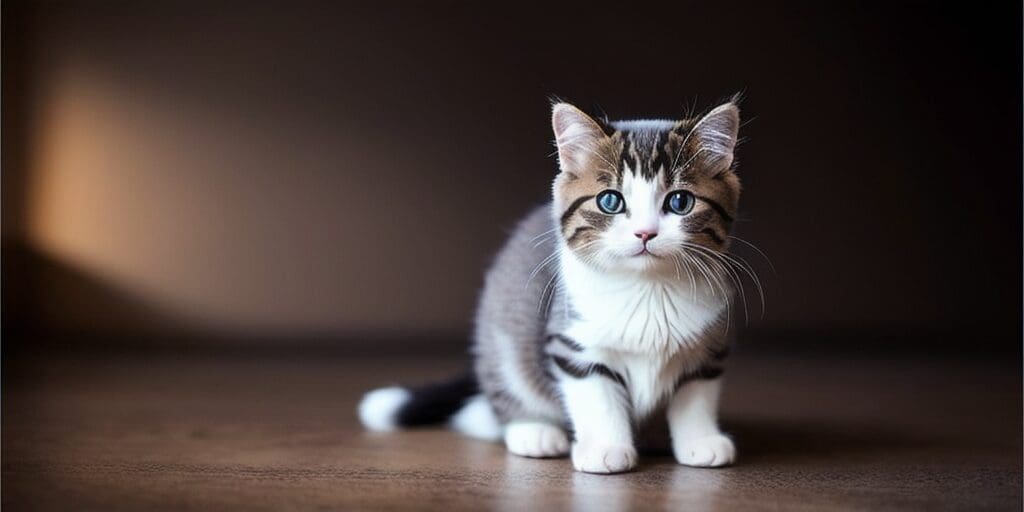 A cute tabby kitten with blue eyes is sitting on the floor and looking at the camera. The kitten is white and gray with black stripes on its face. The floor is brown and the background is dark brown.