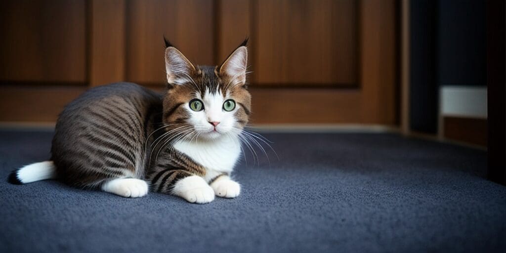 A cute tabby cat with big green eyes is sitting on the floor in front of a wooden door. The cat has a white belly and paws, and its tail is curled around its body. The cat is looking at the camera with a curious expression.