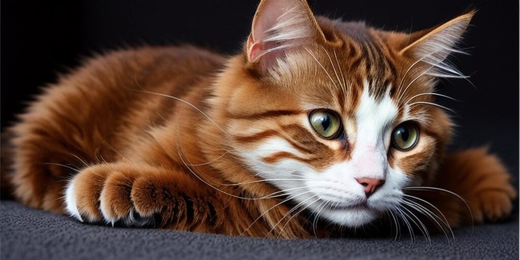 A ginger and white cat is lying on a gray carpet. The cat has green eyes and is looking to the right.
