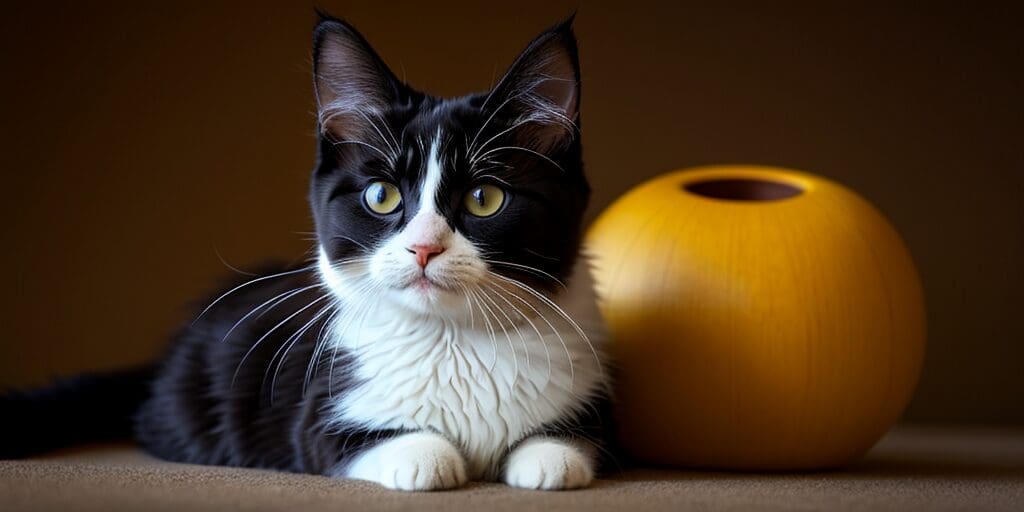A black and white cat is sitting next to a yellow vase. The cat has green eyes and is looking at the camera.