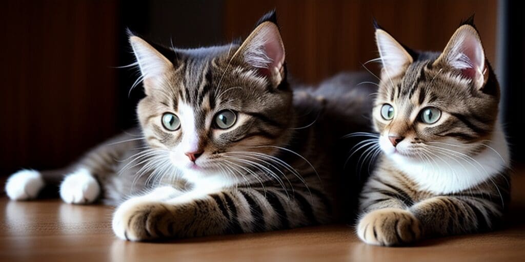 Two cute tabby cats with white paws are lying on a wooden table. The cats are looking at each other.