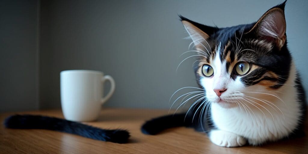 A cat is sitting on a table. There is a white coffee mug on the table to the left of the cat. The cat is looking at the coffee mug.
