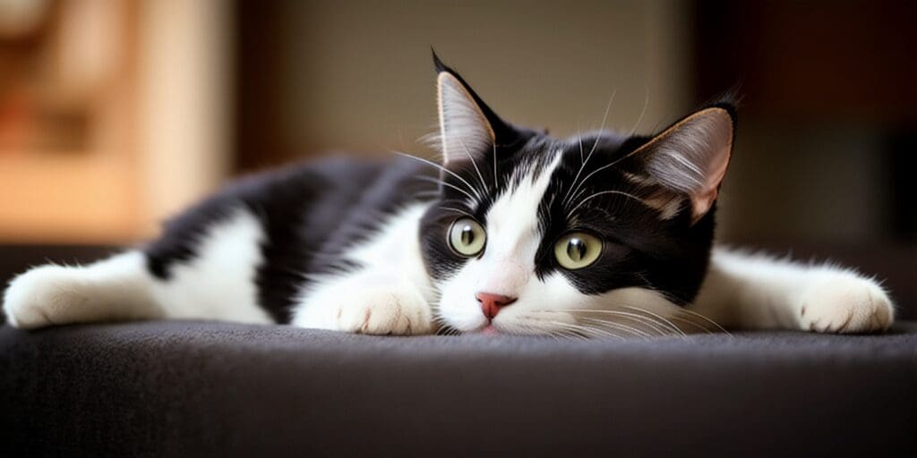 A black and white cat is lying on a gray couch. The cat has green eyes and is looking at the camera.
