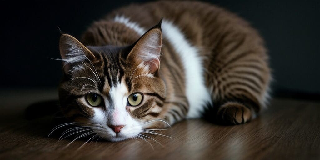 A brown and white cat is lying on a wooden floor. The cat has green eyes and is looking at the camera.