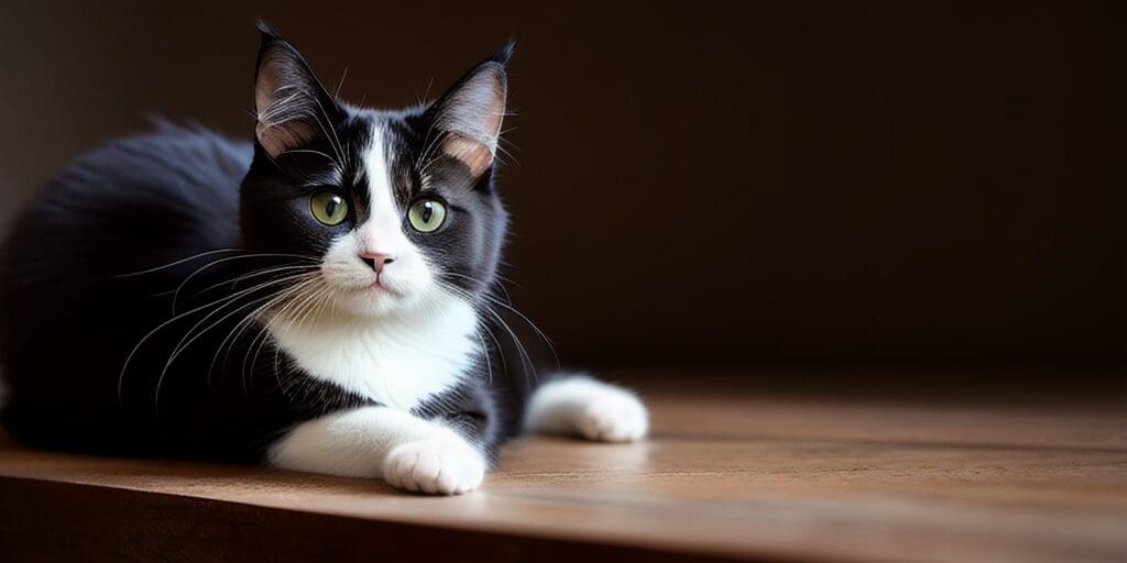 A black and white cat is sitting on a wooden table. The cat has green eyes and is looking at the camera.