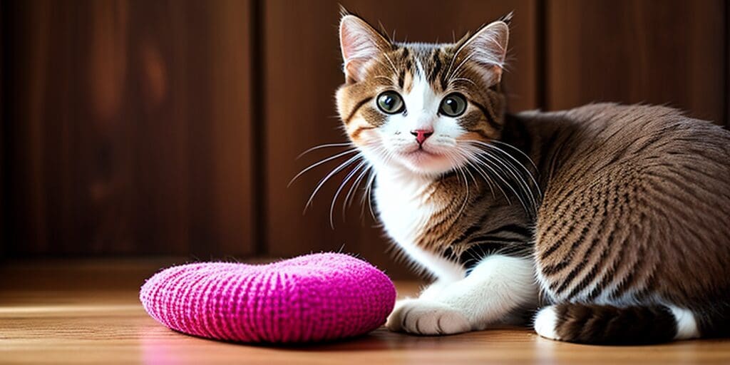 A small tabby cat is sitting on a wooden floor next to a crocheted pink heart. The cat has wide green eyes and is looking at the camera.
