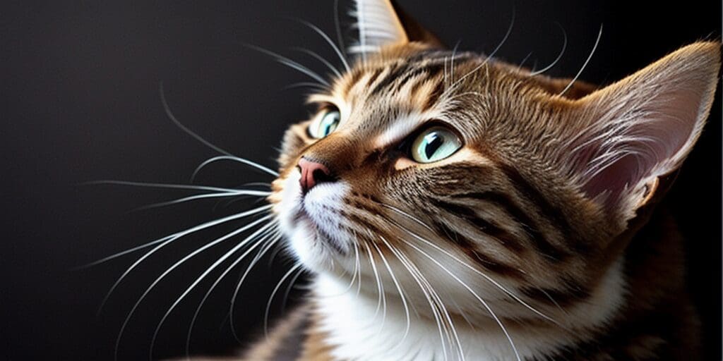 A close-up of a tabby cat looking up with wide green eyes.