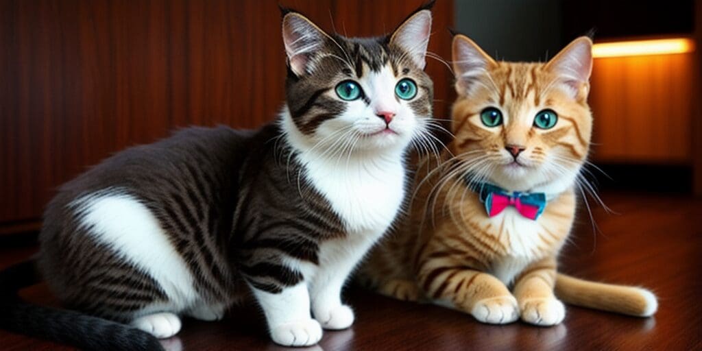 Two cats are sitting on a wooden floor. The cat on the left is white and brown, staring at something. The cat on the right is orange and white, wearing a bow tie, and is looking at the camera.