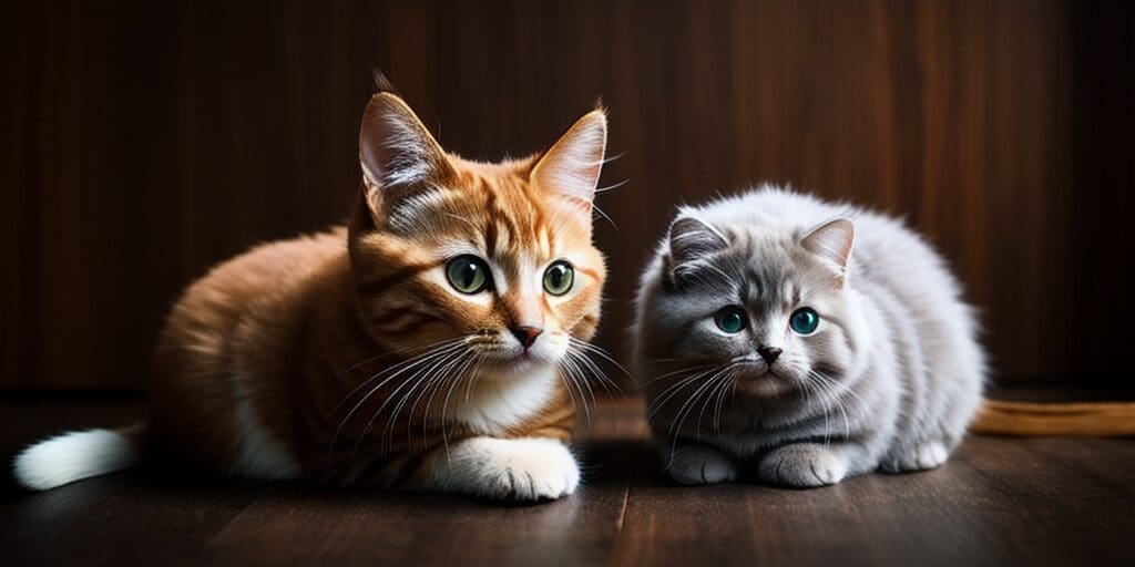 A ginger cat and a gray cat are sitting next to each other on a wooden floor. The ginger cat has green eyes and the gray cat has blue eyes.